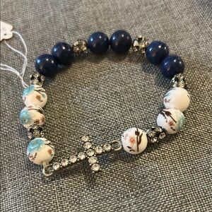 Elegant Blue and White Beaded Bracelet with Cross Charm